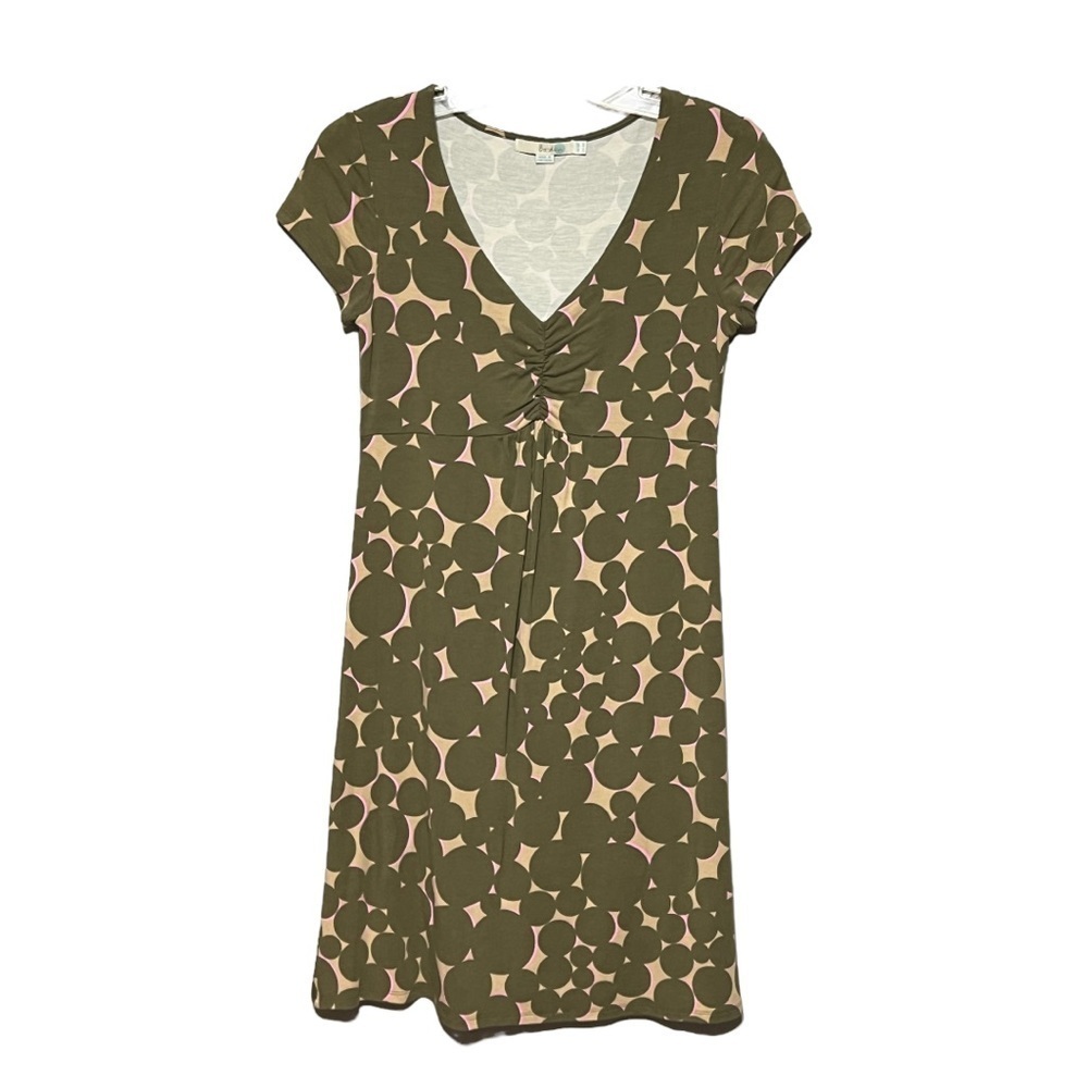 Boden Empire Waist Jersey Knit Dress Sz 6 Green Pink  Circle Print V-Neck